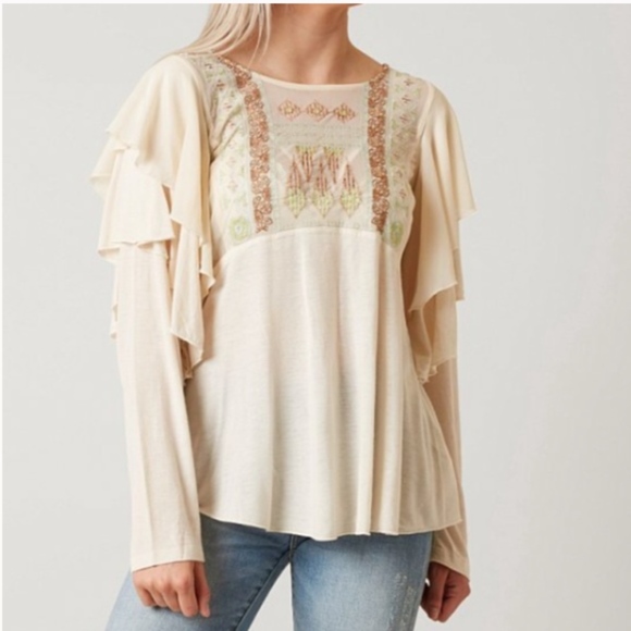 Free People Tops - Free People Embroidered Flutter Sleeve Top